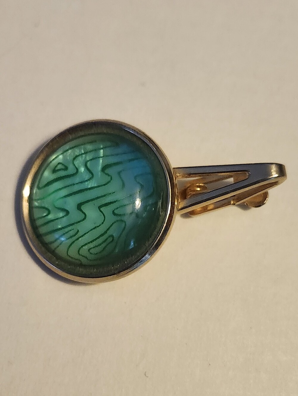 Vtg Foster Art Deco Green Patterned Cabochon Tie Clip Gold Tone